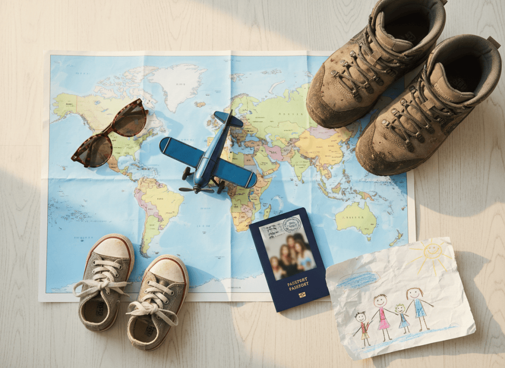 A child's small worn sneakers beside adult hiking boots atop a scattered paper world map, with a toy airplane, sunglasses and a passport in warm sunny light.
